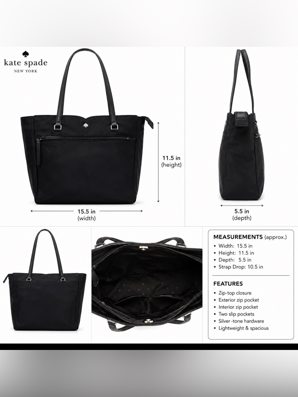 kate spade black nylon tote with silver-tone hardware